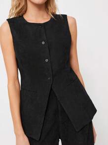 SHEIN EZwear Rompi Blazer Tanpa Lengan Korduroi Polos Sederhana untuk Wanita, Hitam - Hitam - View 4