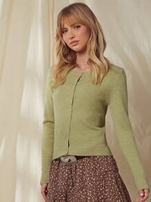 WESTFADE Summer Crewneck Button Front Long Sleeve Cardigan Sweater - Green - View 3