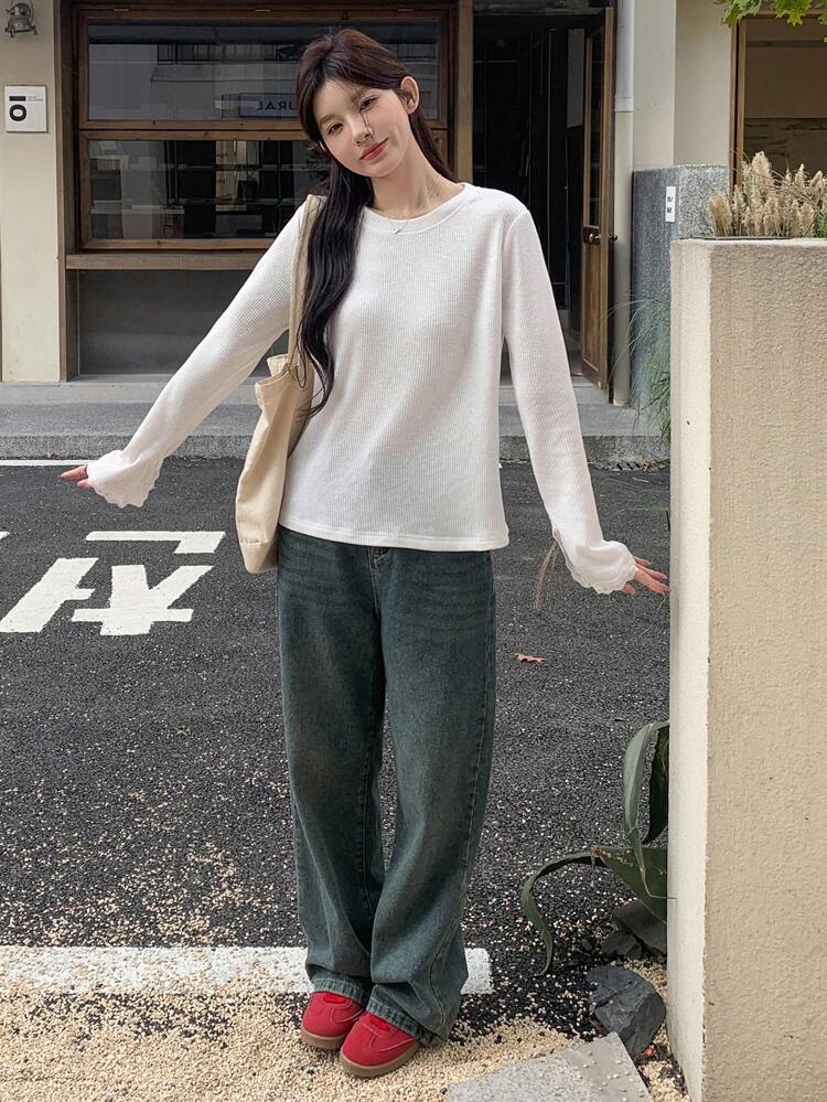 Women Casual Versatile Solid Color Bell Sleeve T-Shirt Long Sleeve Women Tops,Fall Women Clothes