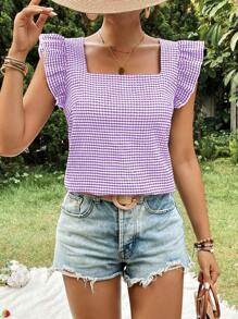 SHEIN VCAY Camisa regular para mujer con cuello cuadrado, mangas cortas y estampado a cuadros para vacaciones - Púrpura malva - Ver 5