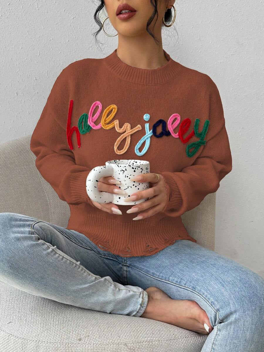 SHEIN Unity Women Casual Letter Pattern Distressed Drop Shoulder Sweater, Autumn/Winter Knit Pullover Fall - Brown - View 1