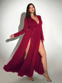 Viva Relle Vestido largo informal con escote en V, manga larga y abertura lateral para tallas grandes