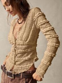 Bohemela Solid Color V-Neck Long Sleeve Fitted Regular Women's Top For Vacation - Khaki - View 7