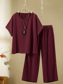 EMERY ROSE Plus Size Casual Solid Color Batwing Sleeve Top And Pants 2pcs Suit - Burgundy - View 1