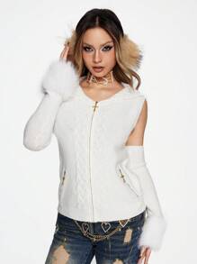 ROMWE Y2K Gyaru Vintage Fluffy Zip Up Hooded Cardigan For Women, Autumn/Winter