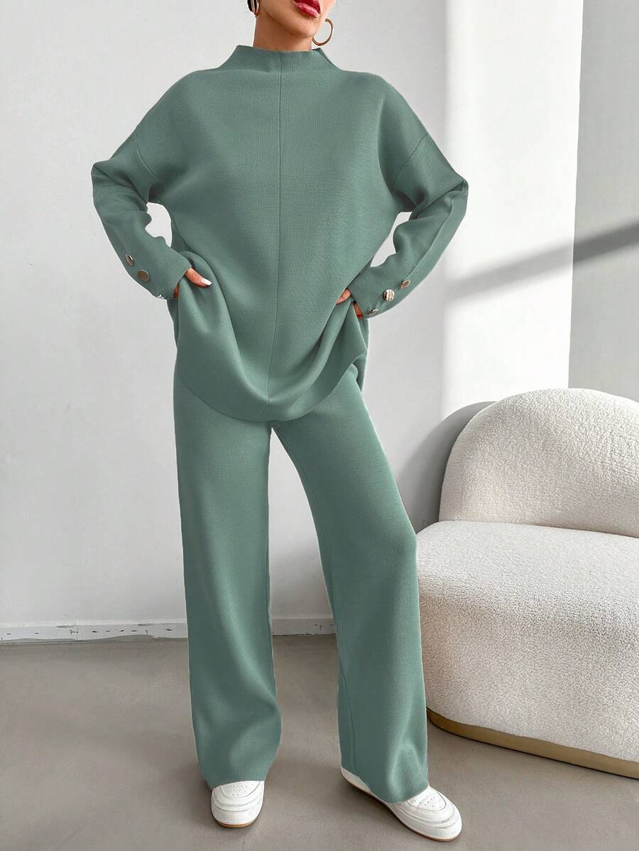 EURMUSE 2pcs/Set Women Plain Stand Collar Long Sleeve Top & Full Length Pants - Mint Green - View 1