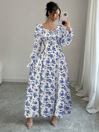 Rafferiza 优雅花卉印花荷叶边领 + 荷叶边袖 + 珍珠纽扣装饰连衣裙，春秋季长款女装秋季服装