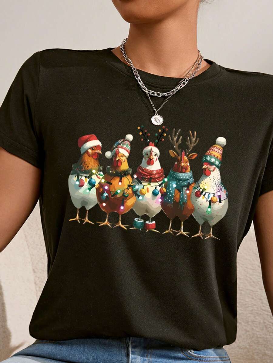 INAWLY 女士休闲圣诞小鸡印花圆领 T 恤图案 T 恤女士上衣