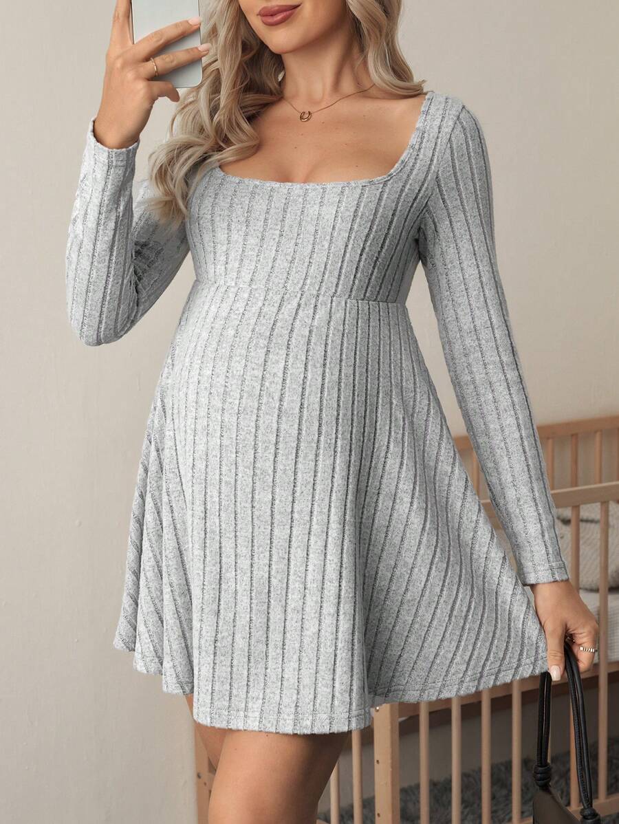 SHEIN 孕妇纯色长袖罗纹休闲连衣裙，简约风格，适合日常休闲穿着 - 灰色 - 查看 1