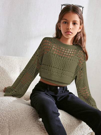 SHEIN Tween Girl Solid Color Simple Hollow Out Round Neck Pullover Hoodie,In Fall/Winter