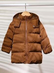SHEIN 1 peça Casaco de inverno longo e grosso com capuz, jaqueta parka, para meninos/meninas, casual, versátil, confortável, solto, cor sólida, prático, com zíper, adequado para volta às aulas, aniversário, chá de bebê, festa de fim de ano, outono/inverno