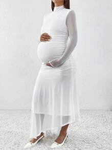 MaterniChic Maternity Solid Color Stand Collar Asymmetrical Hem Dress, Elegant Evening Party Dress For Spring/Summer - White - View 5
