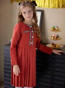 SHEIN Vestido elegante de manga larga con pliegues para niñas preadolescentes, ideal para usar al aire libre y para ir y venir en otoño, primavera e invierno, Vestido rojo
