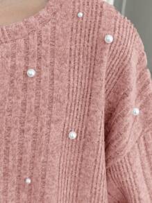 SHEIN 青少年女孩针织毛绒罗纹铆钉圆领宽松休闲长袖保暖 T 恤 - 粉色 - 查看 6