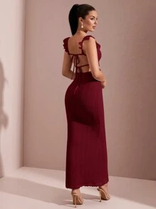 SHEIN BAE Sexy Hollow-Out Haakwerk Getextureerde Gerimpelde Korte Kapmouw Open Rug Strik Elegante Lange Vissenstaartjurk, Voor De Zomer