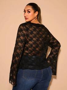 SHEIN BAE Plus Size Lace Tie Bowknot Blouse For Women, Elegant Summer Ladies Holiday Party Outfit, Long Sleeve Sexy Ruffled Open Front Design Valentine's Day