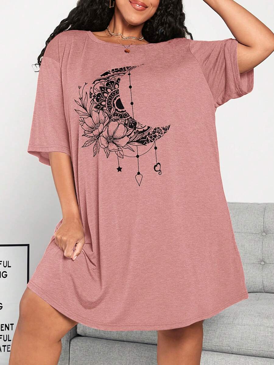 SHEIN CURVE+ Plus Size Musical Floral Print Drop Shoulder T-Shirt - Dusty Pink - View 1