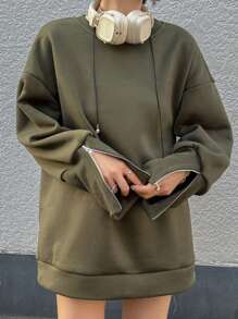FRIFUL Women's Solid Color Crew Neck Long Sleeve Casual Loose Pullover Sweatshirt, Autumn/Winter,Fall Women Clothes - Green - View 4