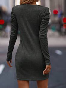 SHEIN LUNE 休闲纯色泡泡袖紧身连衣裙，秋季