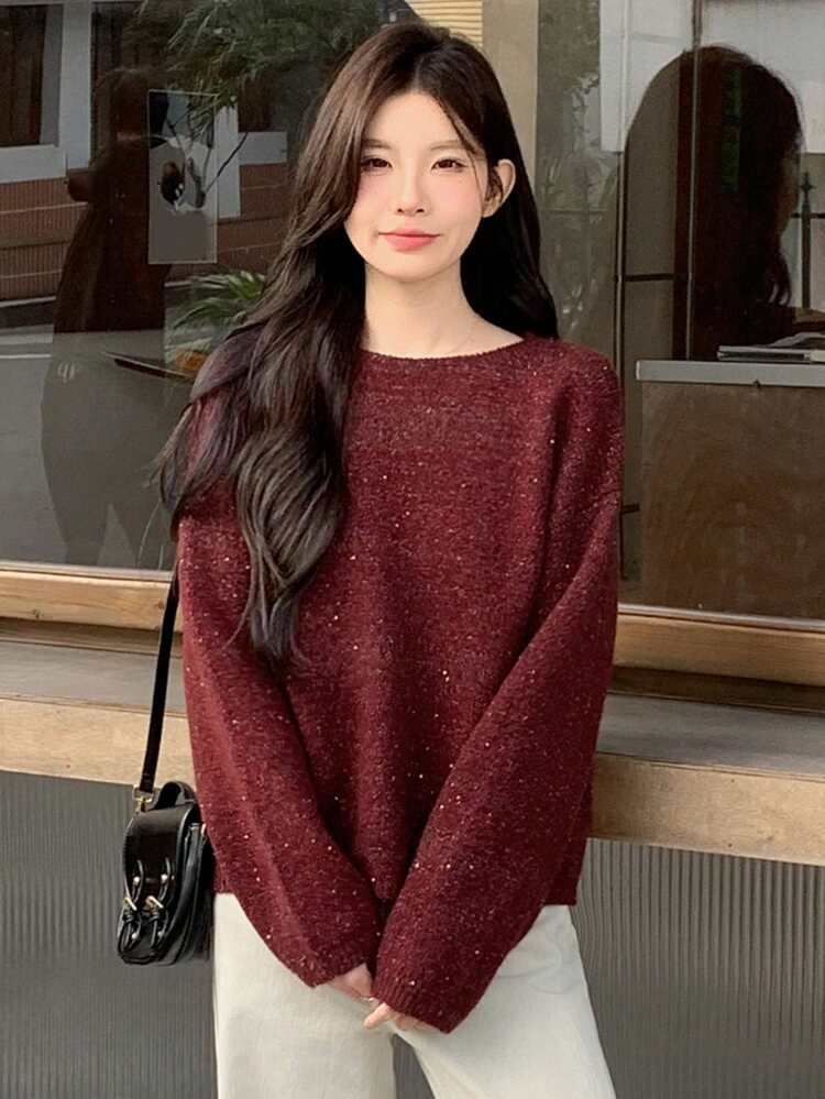 Women Sequin Embellished Round Neck Drop Shoulder Oversized Sweater, Autumn/Winter