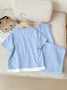 SHEIN Leap Crew Bộ 2 món áo len cổ tròn tay ngắn và quần ống đứng cho bé gái tuổi mới lớn - Màu xanh nhạt - Xem 2