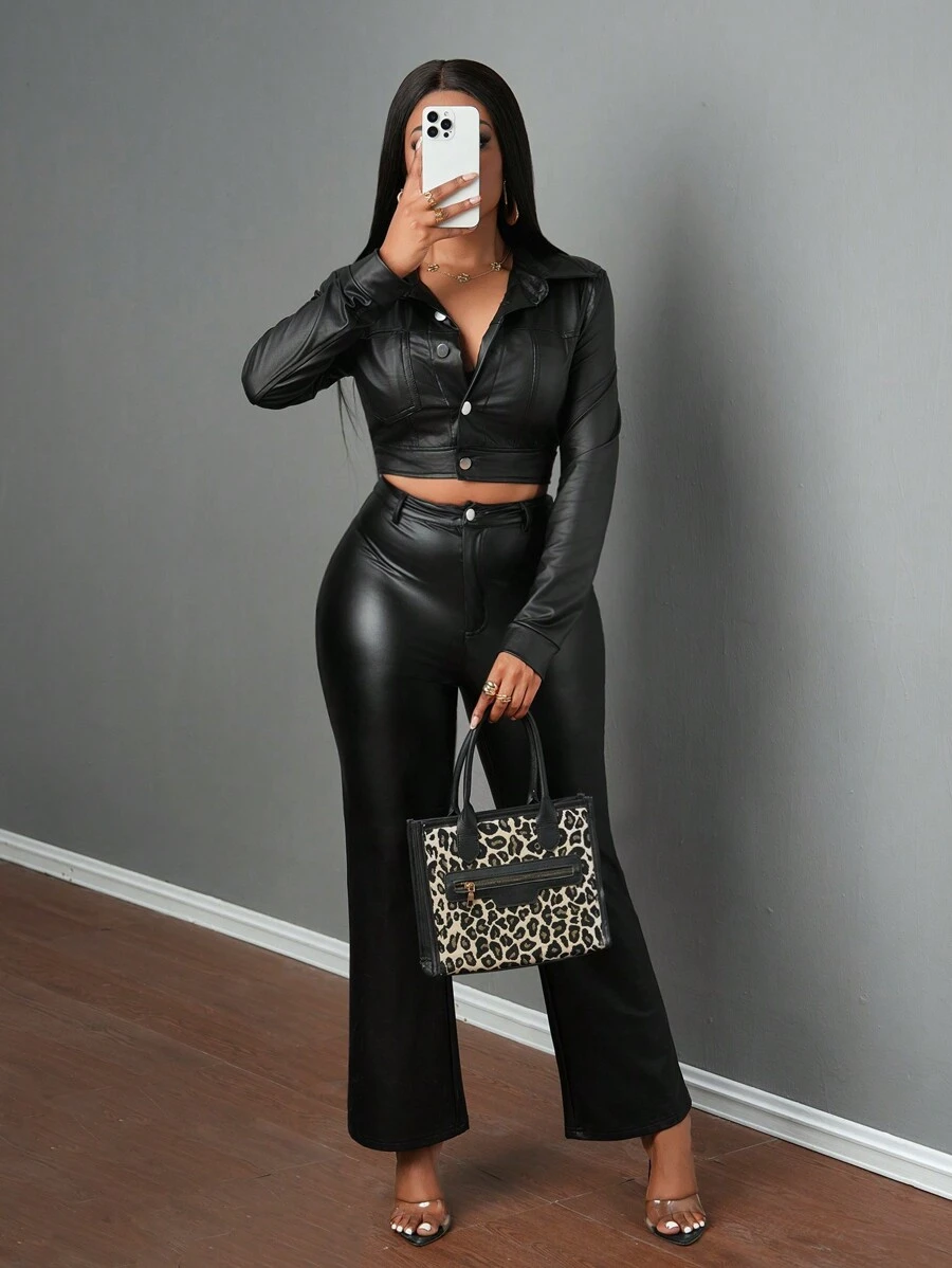 Slaydiva 女式冬季休闲街头风格短款夹克，带口袋和高腰紧身工装裤套装