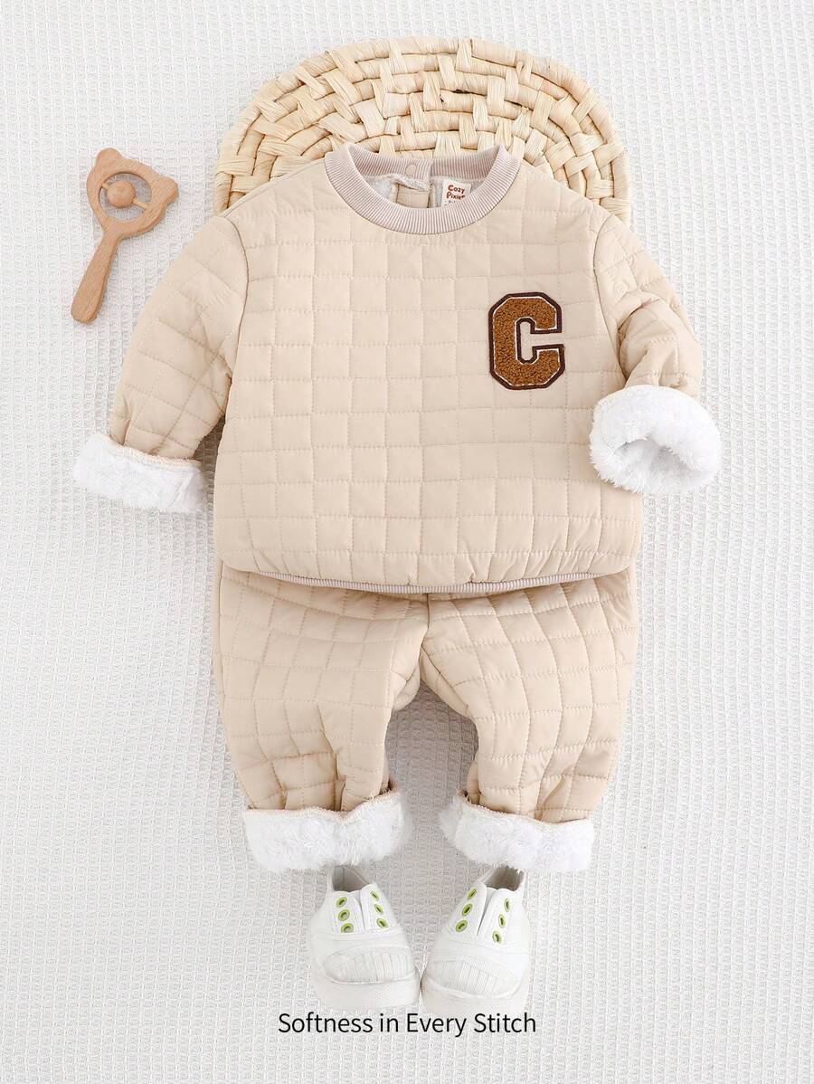 Cozy Pixies 2pcs Baby Boy Letter Print Knit Soft Round Neck Drop Shoulder Sweatshirt & Elastic Cuff Pants Set - Khaki - View 1
