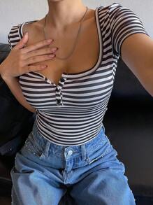 DAZY Round Neck Striped Patchwork Slim Fit Women T-Shirt - Black and White - View 6