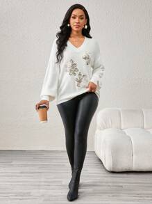 SHEIN Lady Jersey holgado de punto con cuello en V, manga farol y patrón floral de lentejuelas, para otoño/invierno para mujer - Beis - Ver 5