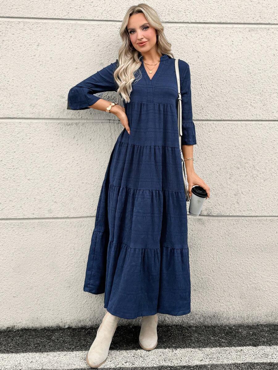 SHEIN LUNE V-Neck Ruffled Sleeve & High-Low Hem Tree Leaf Print Casual Fall Long Dress For Women Viscose Dress - Navy Blue - View 1