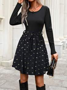 Chiquease 休闲蝴蝶印花拼布连衣裙，秋季 - 黑色 - 查看 1