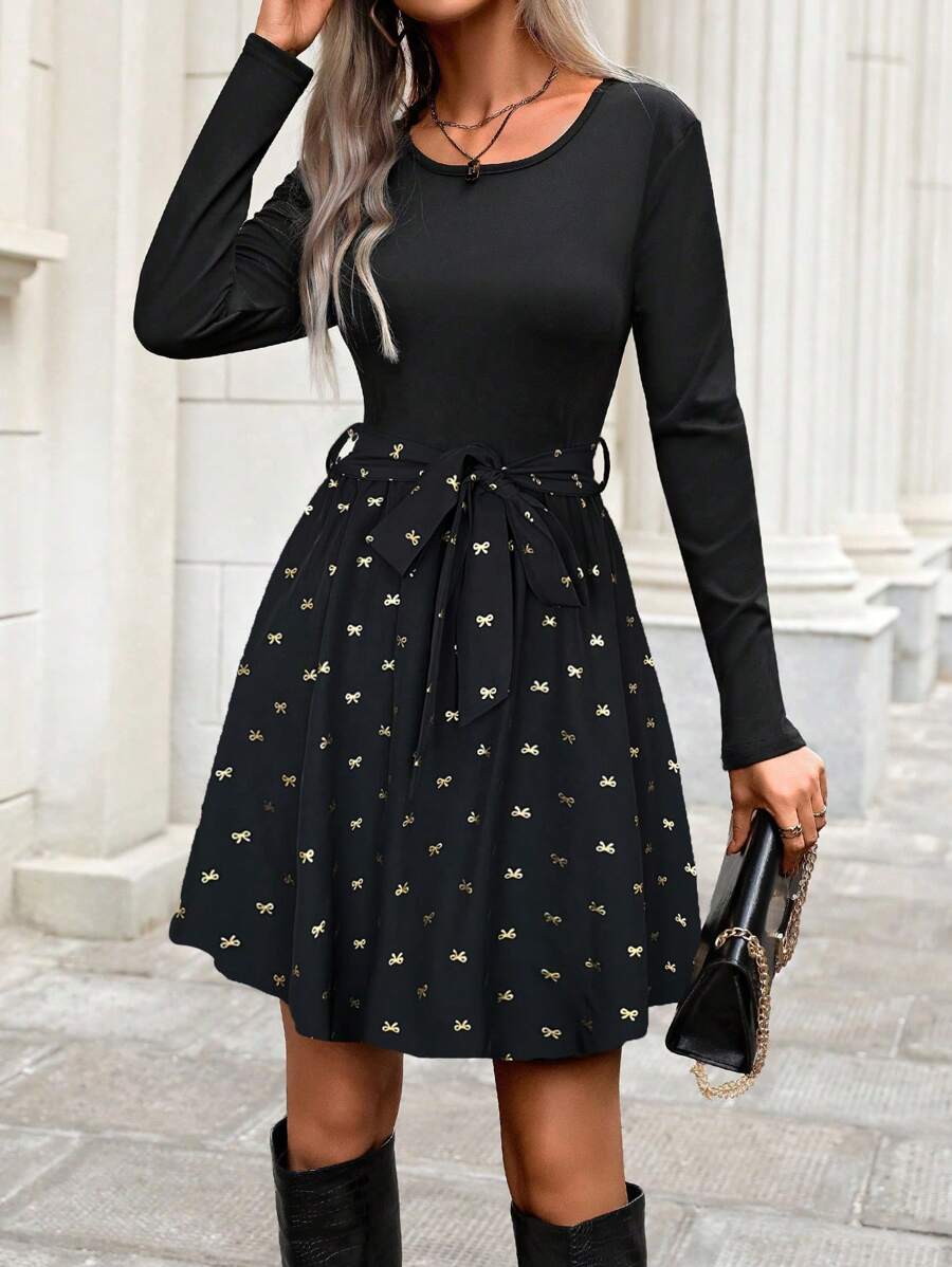 Chiquease 休闲蝴蝶印花拼布连衣裙，秋季 - 黑色 - 查看 1