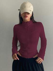 DAZY Chaqueta ajustada de manga larga de felpa fina de unicolor y casual para mujer