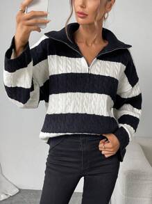 SHEIN Privé Women Front Zipper Long Sleeve Striped Casual Blouse, Everyday Wear