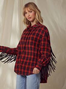 WESTFADE Western Plaid Fringe Long Sleeve Collared Boyfriend Button Up Shirt