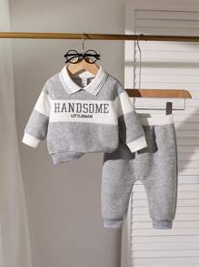 SHEIN Playful Pals 2 件套男婴休闲撞色字母刺绣 Polo 领运动衫和运动裤，可爱时尚的学院风婴幼儿服装，适合拍照、派对等秋冬季场合 - 灰色 - 查看 3