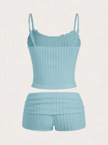 SHEIN EZwear 2 件女式纯色吊带背心和短裤套装，简约休闲两件套 - 藍色 - 查看 2