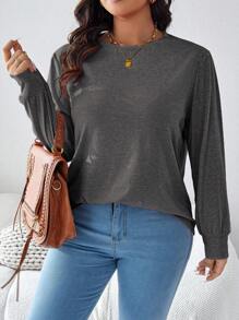 SHEIN LUNE 大码圆领长袖休闲宽松舒适休闲T恤秋季女装旅行机场度假 - 深灰色 - 查看 6