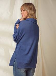 WESTFADE Thermal Rib Knit Turtleneck Long Sleeve Split Hem Long Sleeve Tunic Top - Royal Blue - View 3