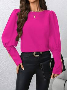 Xyvia Women's Puff Sleeve Metal Zipper Design Shirt Fall Cloth For Women - Hot Pink - View 3