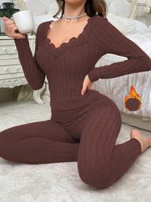Conjunto de ropa interior térmica para mujer con cuello en V de punto de canalé de terciopelo y encaje