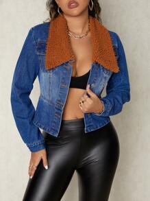 SHEIN SXY 修身蓬松领女式牛仔圣诞服装女式感恩节派对夹克 - 藍色 - 查看 6