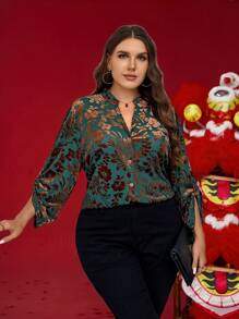 SHEIN LUNE 大码花卉印花前扣长袖衬衫 - 彩色 - 查看 6