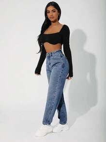 SHEIN PETITE Jeans cónicos de talle alto con lavado - Azul lavado medio - Ver 4