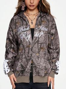 ROMWE Street Life Y2K Streetwear 蝴蝶结和英文刺绣迷彩/字母印花女式运动衫 - 棕色 - 查看 3