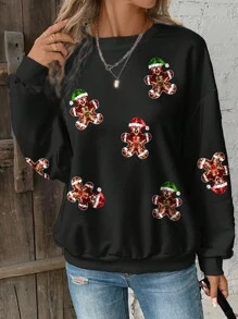 SHEIN LUNE Christmas Gingerbread Man Print Casual Minimalist Pattern Loose Fit Crew Neck Long Sleeve Women Sweatshirt Autumn Winter Clothes For Women