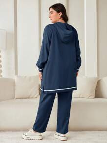 Veilorie 2 Pieces Set Plus Size Solid Color Hooded Sweatshirt And Pants 2 Pieces Set - Dusty Blue - View 2