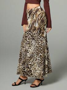 INAWLY 1pc Women's Elegant Leopard Print Mermaid Skirt With Full Flared Hem, Minimalist Style, For Autumn Fall Cloth For Women - Multicolor - View 6