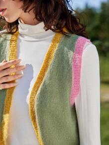 Skyraze Women Sleeveless Colorblock Patchwork Minimalist Sweater Vest, 1pc Geo Pattern Sweater Vest,Fashionable, Versatile, Minimalist Knit Top - Multicolor - View 3