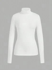 SHEIN EZwear Multicolor Knitted Women Solid High Neck Long Sleeve Tight Fitting T-Shirt Set, Autumn